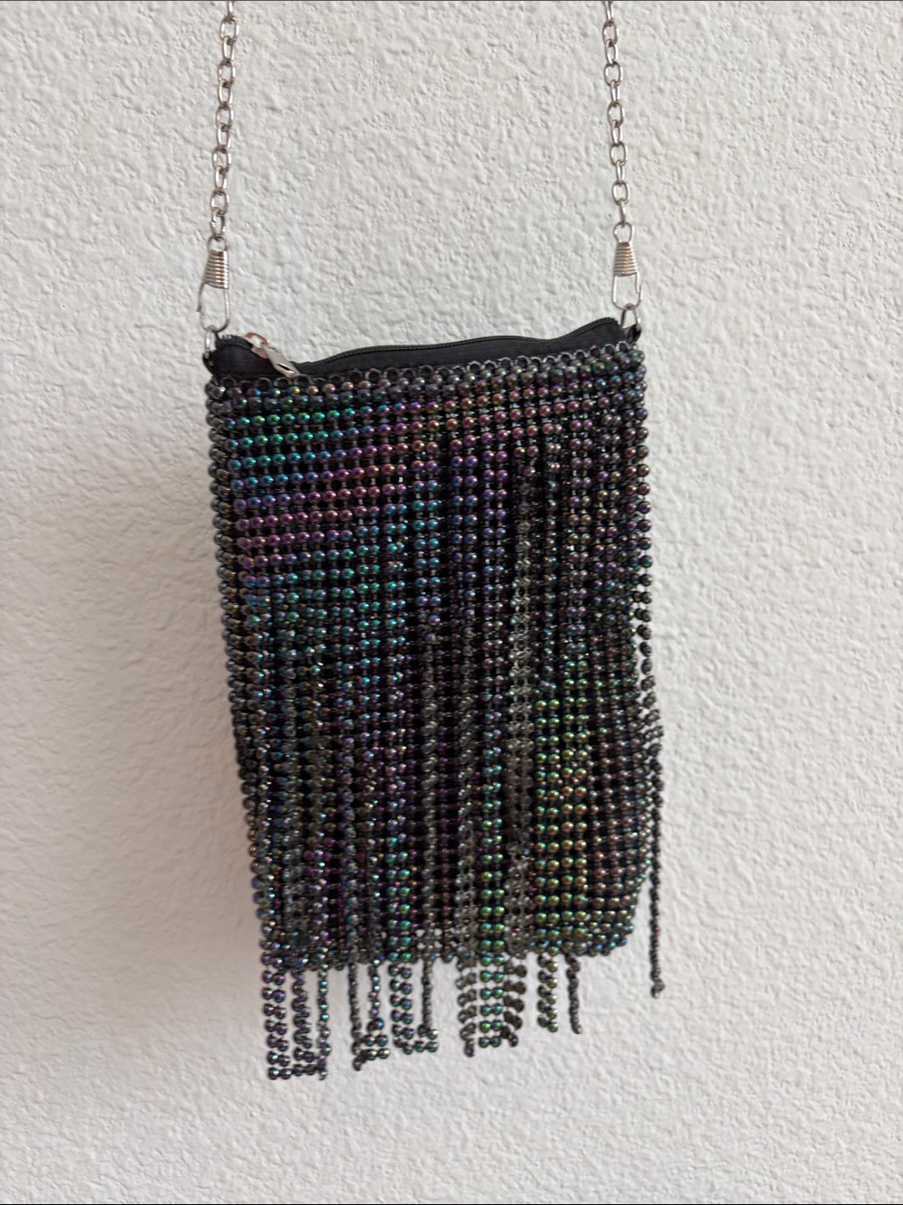 Vintage Iridescent Beaded Fringe Crossbody Bag in Black